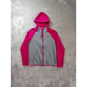 Nike Therma-Fit Hoodie Womens S Hot Pink Gray Full Zip Thumb Holes Training